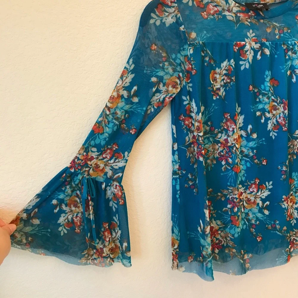 Coquette Bell Sleeve Blue Floral Top Kids Size Large 14 Cottage Fairy Girly